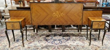 Pair of French kingwood veneered and ebonised bedside cabinets with attached headboards, the tops