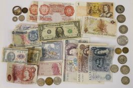 Collection of coins and banknotes including a silver Victoria half crown 1889, a few silver George