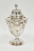 Edward VII silver sugar shaker, Birmingham 1905, Elkington & Co Ltd, ornately cast, the domed