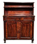 Regency mahogany secretaire chiffonier, the graduated raised back having turned pillar supports, the