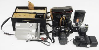 Collection of cameras and accessories including Pentax ME super camera, Pentax Super A camera,