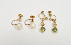 Pair of 10ct yellow gold, peridot and opal drop earrings, each set with a round faceted collet-set