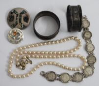 Scottish sterling silver thistle brooch set with a faceted glass stone, a string of cultured