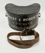 19th century black metal travelling chemist's apothecary tin, of kidney shape having a hinged lid