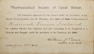 Framed Pharmaceutical Society Great Britain certificate, named for Hannah Louise Ireland, stating
