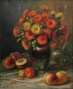 Edouard Noulet (French, 1873-?) Oil on panel Still life of flowers in a vase and peaches, signed