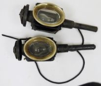 Pair of 19th century black japanned metal and brass carriage lamps, 44cm high