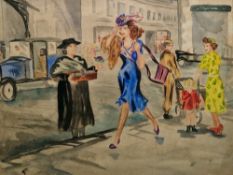 1930's English school Watercolour drawing  Street scene with woman in fox fur stole and a flower
