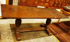 Antique oak refectory table in the 17th century manner, the single plank top with cleated ends, on