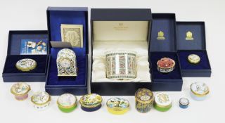 Collection of Halcyon Days enamels including a cased miniature clock, 6cm high, a cased Victorian