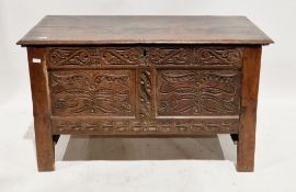 18th century oak coffer, the hinged rectangular top with thumbmould edge, opening to a candle space,