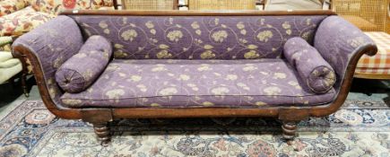 Regency carved mahogany double scroll end sofa with straight back rail, contemporary purple