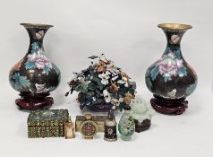 Pair of modern Chinese bottle-shaped cloisonne vases decorated with flowering peony, on wooden