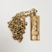 9ct yellow gold ingot pendant made by Carr's of Sheffield and hallmarked 1978, 4cm long held on a