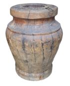 19th century hardwood apothecary mortar, of turned baluster form, 68cm high x 53cm diameter