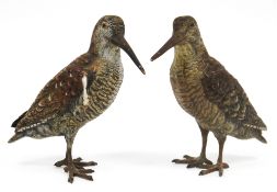 In the manner of Franz Bergman, pair of Austrian style cold-painted bronze models of snipes or