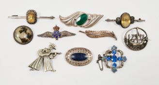 Collection of ten silver brooches including RAF enamelled sweetheart brooch, brooch in the form of a