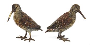 In the manner of Franz Bergman,  two Austrian style cold-painted bronze models of snipes or