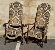 Pair of revived 17th century-style mahogany high back open armchairs, each upholstered and covered