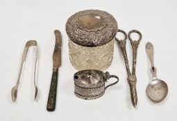 Edwardian silver-topped cut-glass jar, a pair of Victorian grape scissors, a Georgian silver