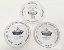 Three English pottery plates two advertising the Denby Dale Pie sold in aid of the Huddersfield