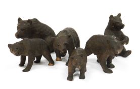 Collection of six early 20th century Blackforest carved wooden bears, four standing and two