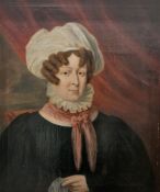 Early-mid 19th century British School  Oil on canvas Portrait of a lady, wearing a white hat, ruff