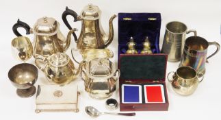 Mixed lot of silver plate and metalware including an early 20th century four-piece tea service,