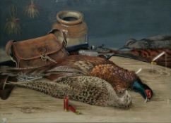 E.M. Hiteshi (20th century) Gouache on paper Still life of two dead pheasants, shotgun and cartridge