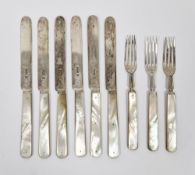 Edward VII silver and mother of pearl six fruit knives and three forks, Sheffield 1901, James Deakin