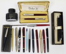 Collection of pens including a cased Parker 51 set comprising a fountain pen and a ballpoint pen,