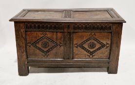 18th century oak coffer, the hinged two panel rectangular lid with thumbmould edge, over a two panel