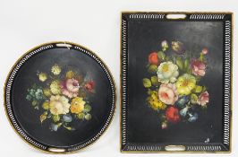 Two mid 20th century matching black toleware serving trays, one rectangular and the other
