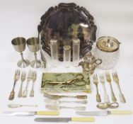 Mixed lot of silver plate and flatware including a circular salver, a French pot with lion head