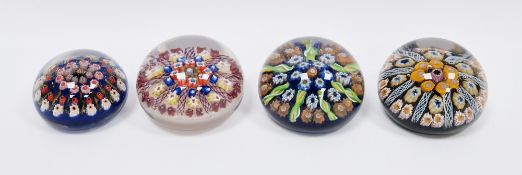 Four 20th century Scottish paperweights comprising a small Perthshire millefiori paperweight, blue