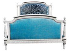 French white painted kingsize bed frame, the bed head with carved dome top rail, pineapple carved