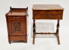 Victorian figured walnut work/sewing table, the hinged half-veneered lid opening to a fitted