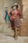 Charles Cattermole (1832-1900) Watercolour drawing 'The Trumpeter', figure in 17th century attire,