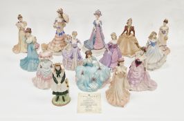 Fourteen various Coalport bisque figures of ladies, including: Les Parisiens, Mademoiselle Cherie