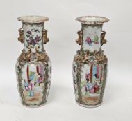 Pair of 19th century Canton vases, oviform with moulded lion dog and salamander ornament, painted