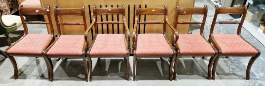 Set of six Regency-style mahogany-effect dining chairs with bar backs, upholstered drop-in seats and
