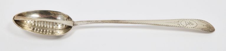 Sterling silver straining spoon, maker's mark PC, pointed old English pattern with Irish Celtic