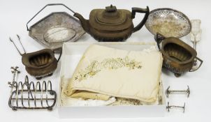 Mixed lot of silver plate, copper and linen including a Walker & Hall silver plate three-piece tea