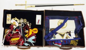 Collection of masonic interest items including sashes, medals and two brown leather cases, lodges