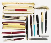 Collection of pens including a Waterman 2A fountain pen, a Parker 50 fountain pen with 14K nib, a