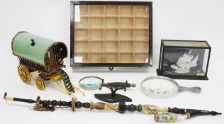 Mixed lot of collectables including a hand-painted wooden model of a gypsy caravan, 36cm long,