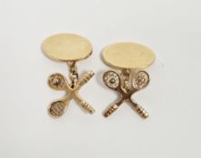 Pair of 9ct yellow gold tennis themed cufflinks, each in the form of a pair of crossed racquets with