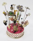 Collection of over 30 hat pins, finials include an enamel leaf marked Van Kuba, a butterfly with