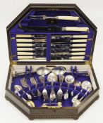 Early 20th century oak cased part canteen of Viners silver plated cutlery, the cabinet with label to