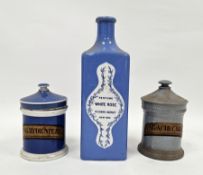 19th century English pottery blue ground apothecary jar and cover, of cylindrical form, applied with